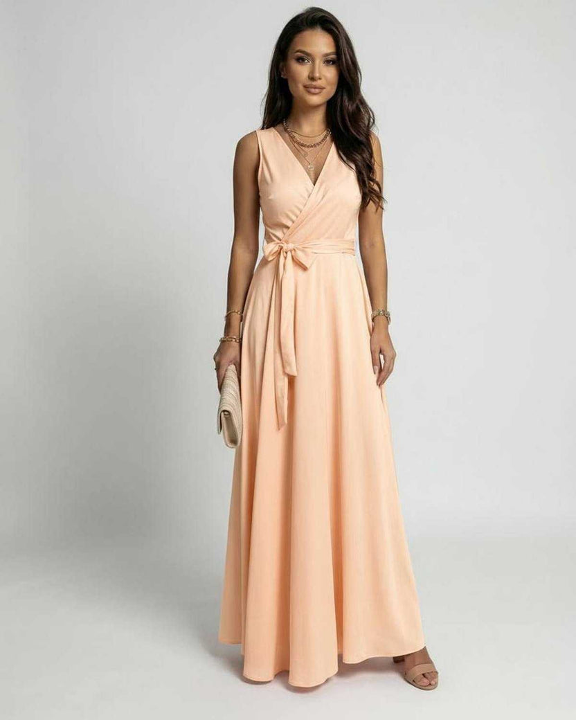 Serena Maxi Dress by Lauven in soft peach with a V-neck design and elegant flowy style.