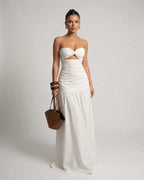 Serena Maxi Dress - White strapless dress with cutout high waist silhouette, elegant and flexible fit from Lauven.