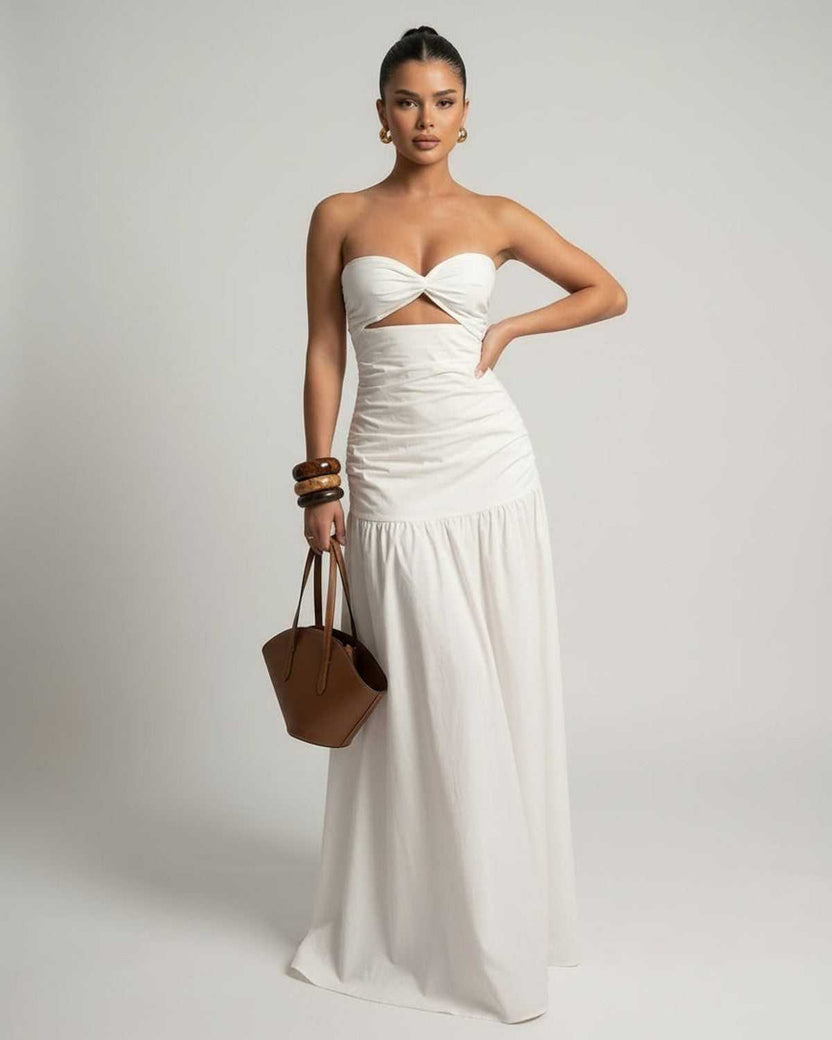 Serena Maxi Dress - White strapless maxi with cutout high waist silhouette by Lauven, elegant and stylish for any occasion.