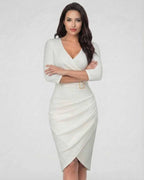 Serena Midi Dress by Lauven in Classic Ivory with Elegant Belt Detail and V-neckline.