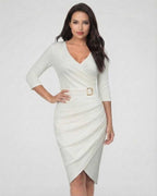 Serena Midi Dress by Lauven in Classic Ivory with an elegant belt detail and flattering V-neckline.
