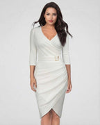 Serena Midi Dress in Classic Ivory by Lauven featuring a V-neckline and elegant belt detail.