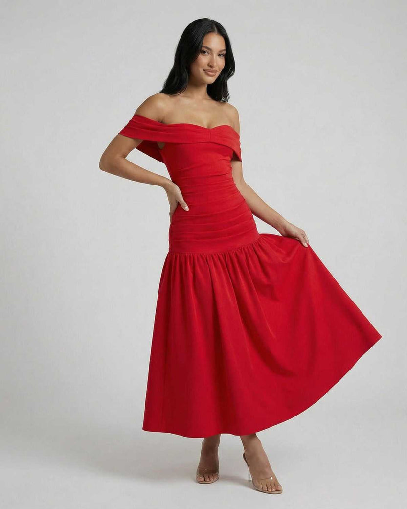 Serena Midi Dress by Lauven - Elegant off-shoulder red dress with flattering A-line silhouette.
