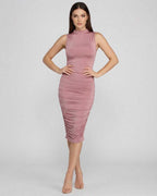 Serena Midi Dress by Lauven – Sleek ruched knit dress with mock neck and flattering form-hugging fit.