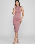 Lauven Serena Midi Dress with sleek ruched details and mock neck in soft pink, perfect for evening events.