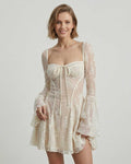 Serena Mini Dress by Lauven in elegant ivory lace with square neckline and flare sleeves, showcasing a romantic fit.