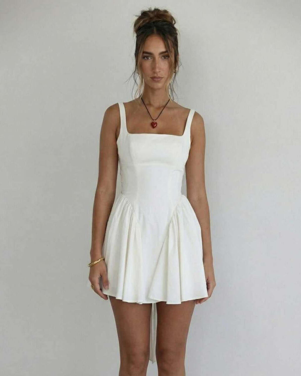 Serena Mini Dress by Lauven - Elegant white square collar camisole design with flattering A-line silhouette.