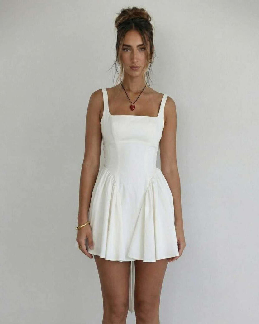 Serena Mini Dress by Lauven - Elegant white square collar camisole design with flattering A-line silhouette.