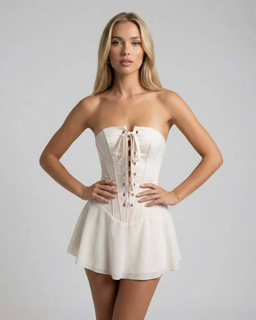 Serena Mini Dress by Lauven - Strapless ivory corset mini dress with flared skirt and lace-up front detail.
