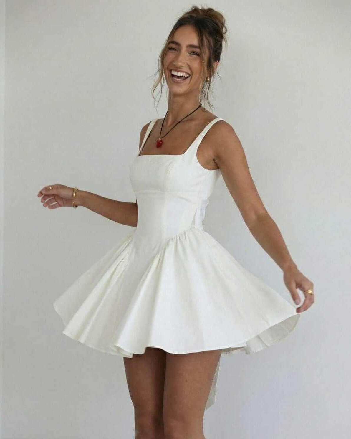 Serena Mini Dress by Lauven, elegant white square collar camisole dress with flaring skirt.