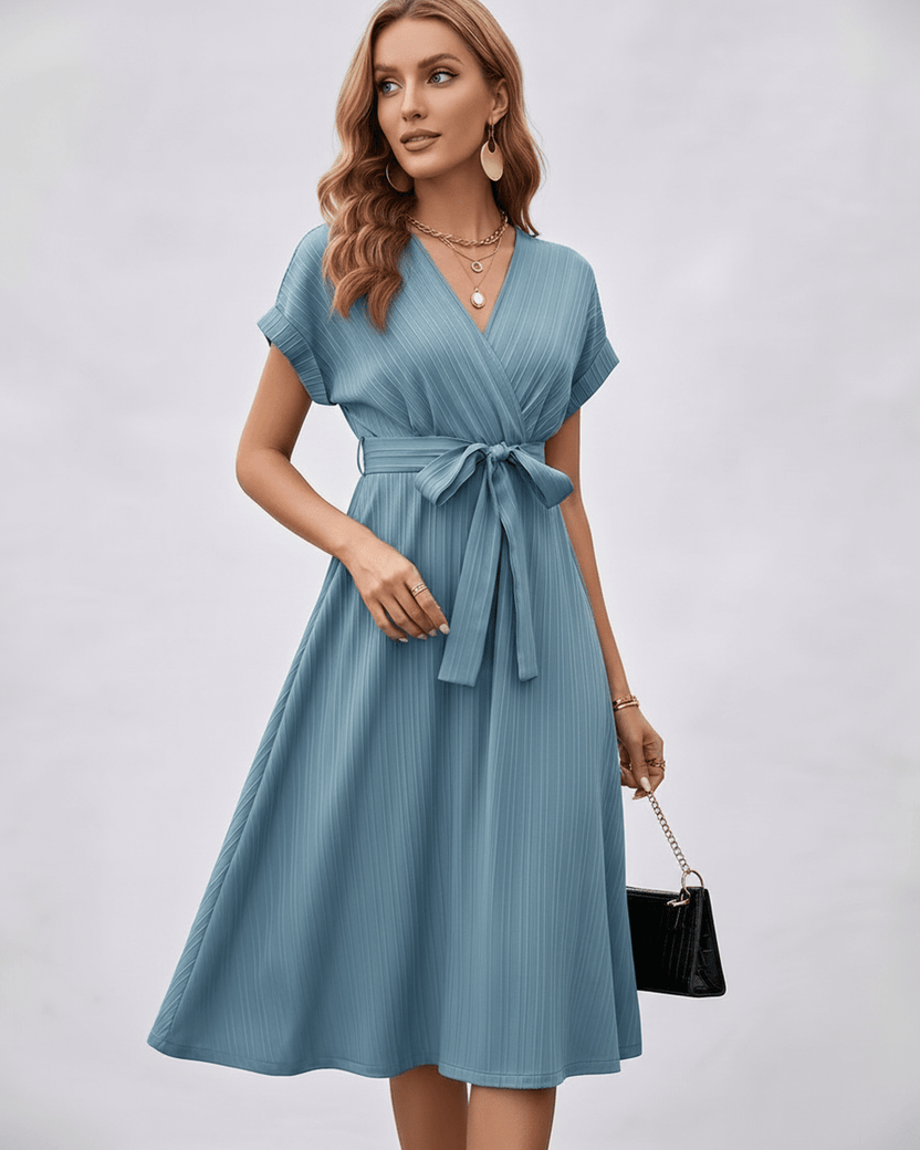Serene Midi Dress by Lauven, pleated fabric, V-neck design, self-tie belt, lightweight and stylish for day-to-evening wear.