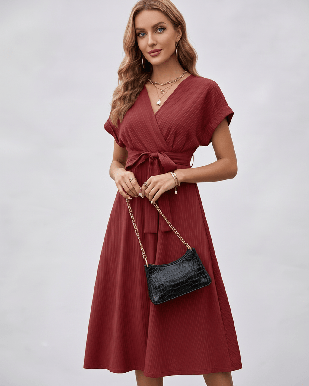 Serene Midi Dress in dark red with pleated fabric, V-neck, self-tie belt, from Lauven for versatile styling.