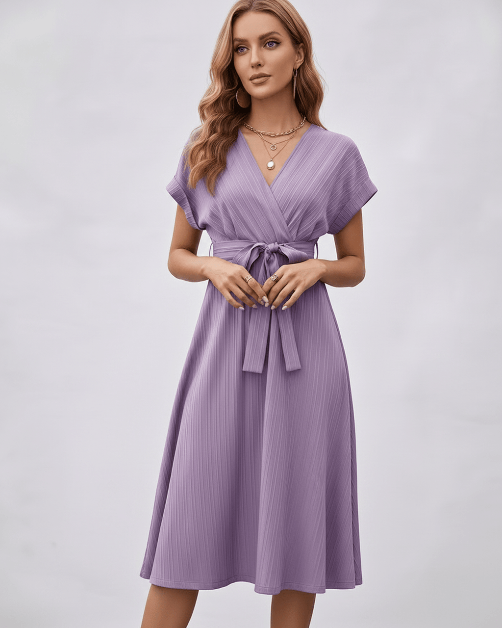 Serene Midi Dress in lavender with pleated fabric, V-neck, adjustable self-tie belt, by Lauven.