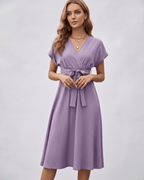Serene Midi Dress in lavender with pleated fabric, V-neck, adjustable self-tie belt, by Lauven.