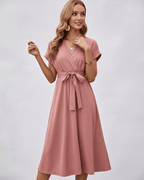 Serene Midi Dress by Lauven, V-neck, pleated fabric with self-tie belt, perfect for versatile styling.