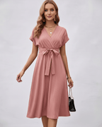 Serene Midi Dress by Lauven, pleated fabric, V-neck, adjustable self-tie belt, versatile day-to-evening styling.
