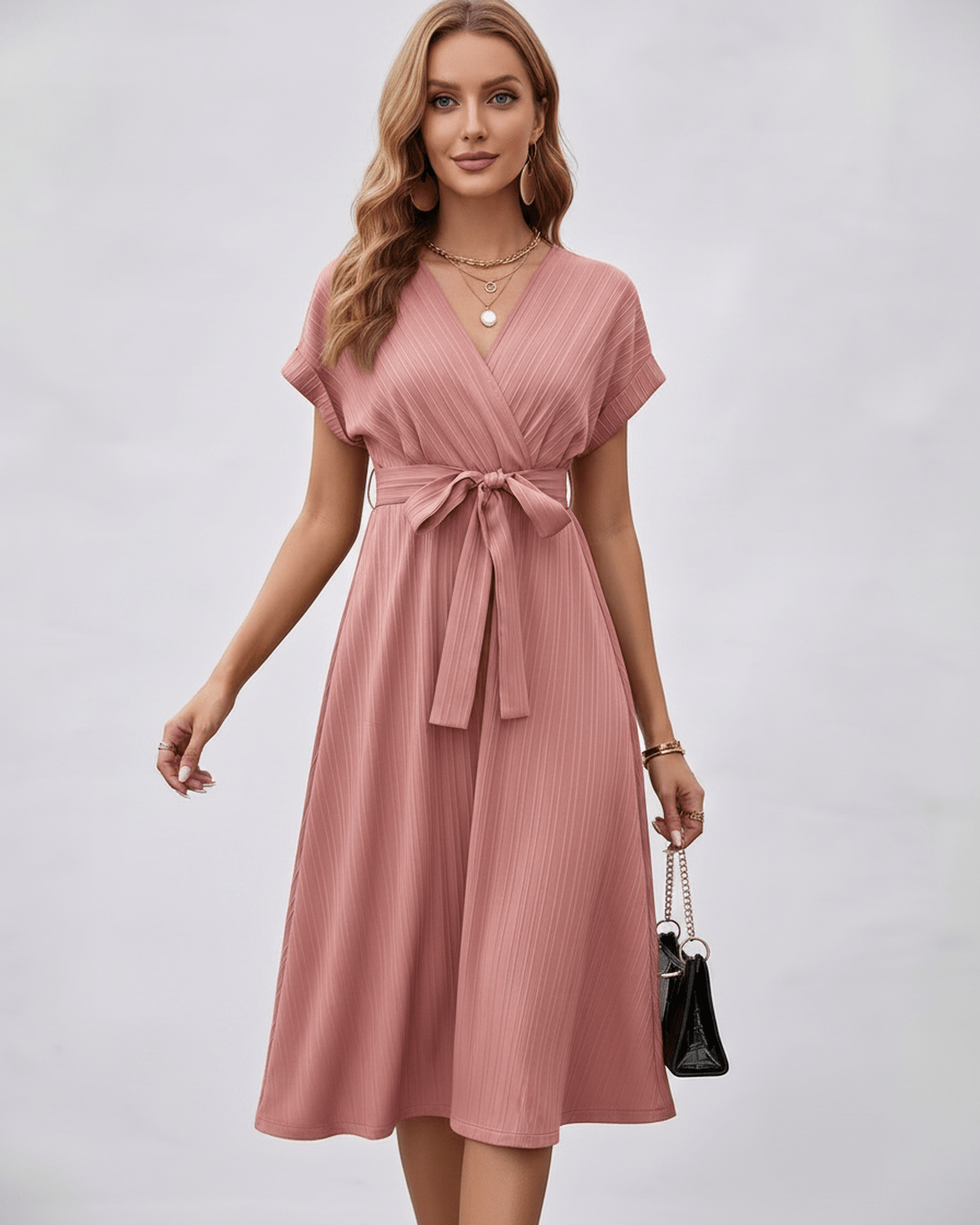 Serene Midi Dress by Lauven, pleated fabric, V-neck, adjustable self-tie belt, versatile day-to-evening styling.