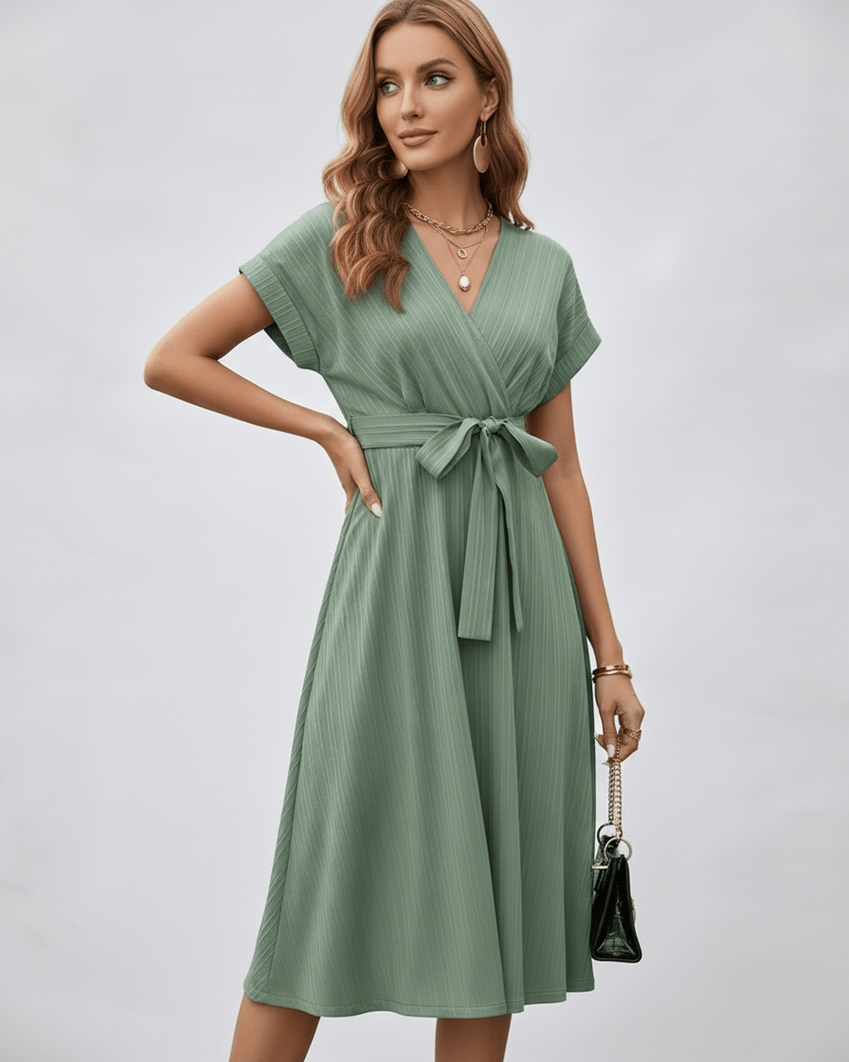 Serene Midi Dress by Lauven - Pleated fabric, V-neck, A-line silhouette, self-tie belt for adjustable comfort.