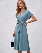 Serene Midi Dress in soft pleated fabric with a V-neck, self-tie belt by Lauven, perfect for day-to-evening styling.