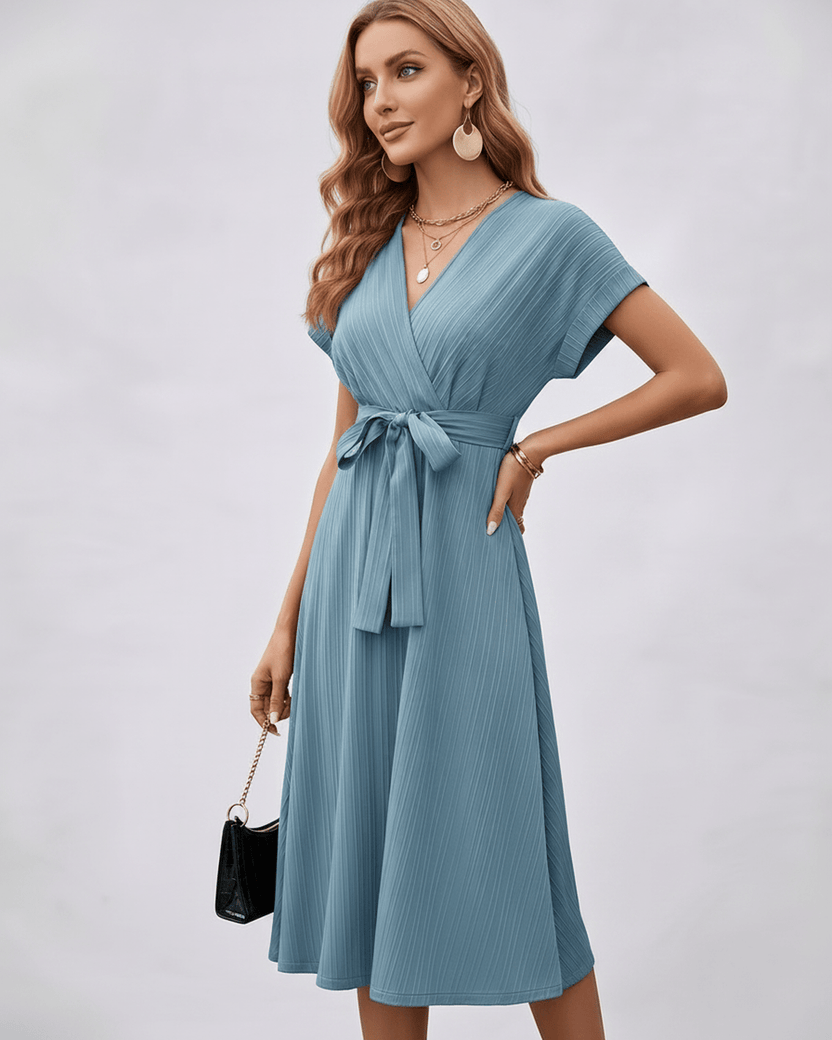 Serene Midi Dress in soft pleated fabric with a V-neck, self-tie belt by Lauven, perfect for day-to-evening styling.