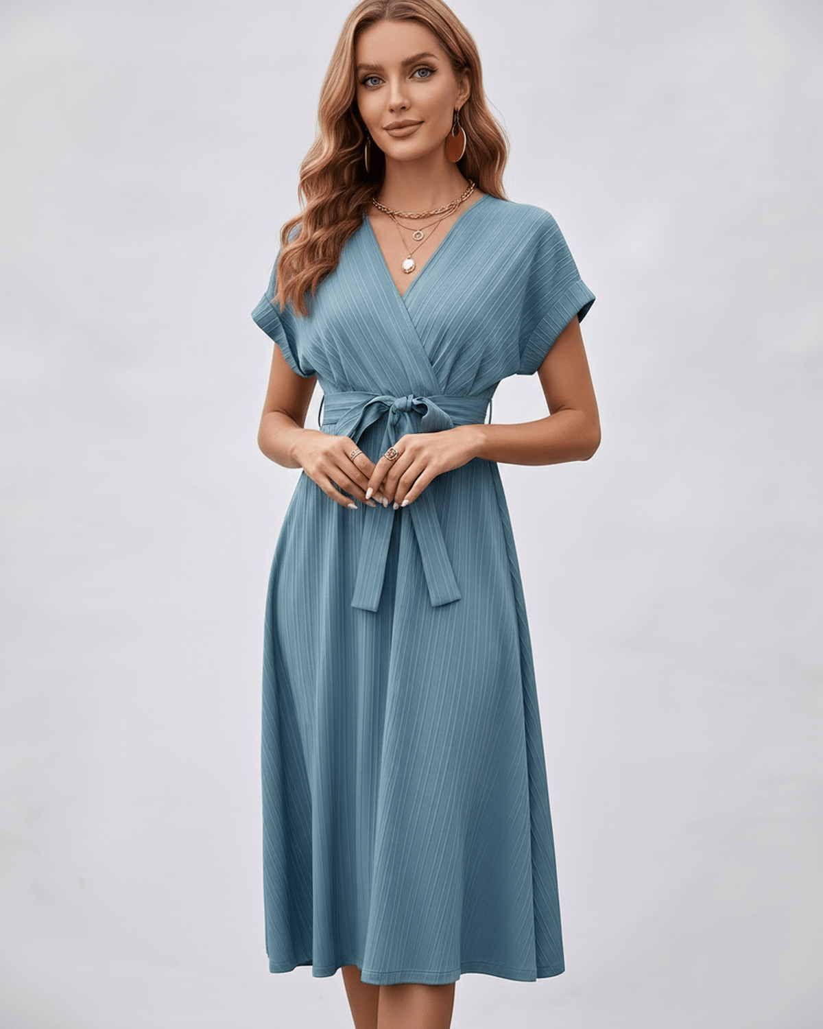 Serene Midi Dress by Lauven, pleated fabric, V-neck, self-tie belt, A-line silhouette, versatile day-to-evening wear.