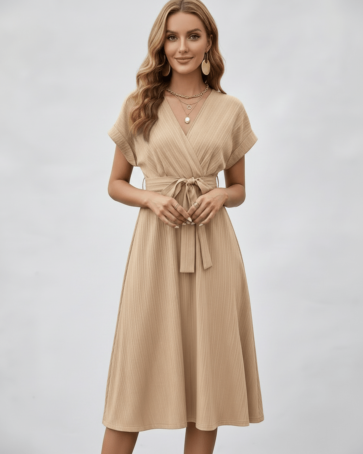 Serene Midi Dress by Lauven, pleated fabric, V-neck, A-line silhouette, adjustable self-tie belt, versatile styling.