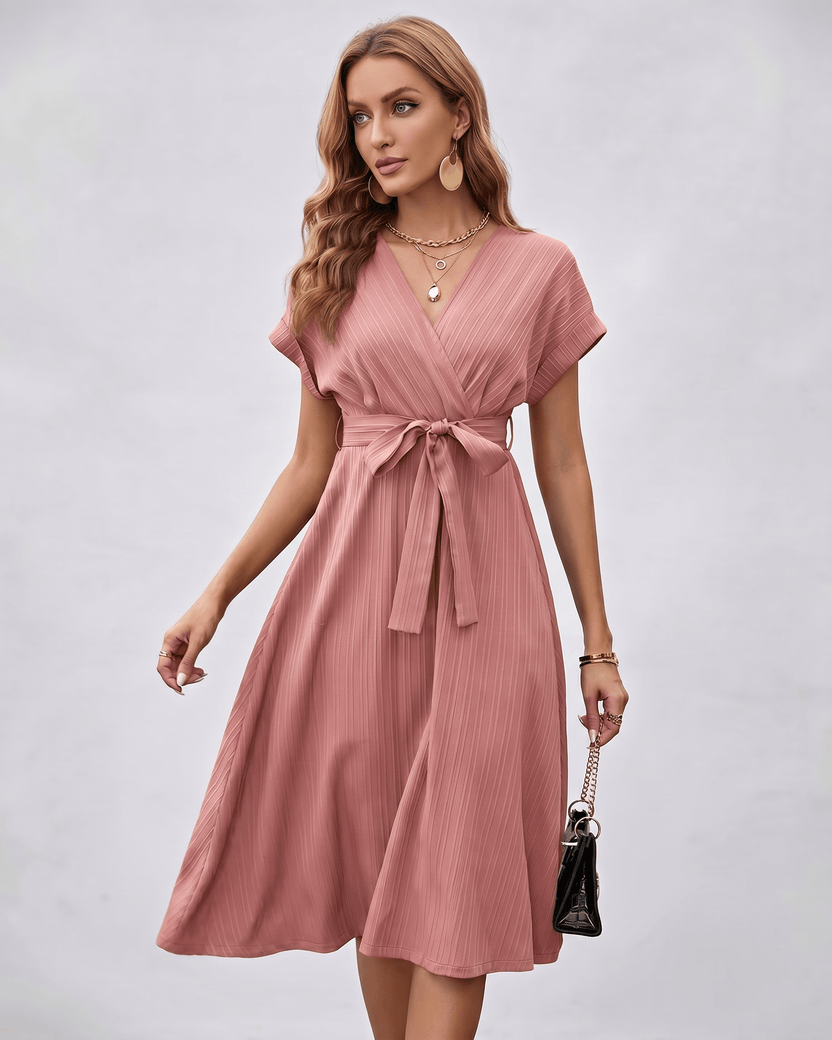 Serene Midi Dress in pleated fabric, V-neck design, featuring a self-tie belt by Lauven for modern elegance.