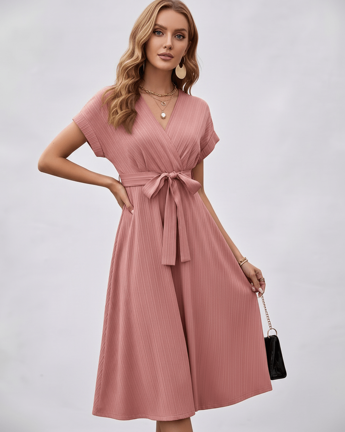 Serene Midi Dress in pleated fabric, featuring V-neck and self-tie belt, perfect for day-to-evening styling by Lauven.