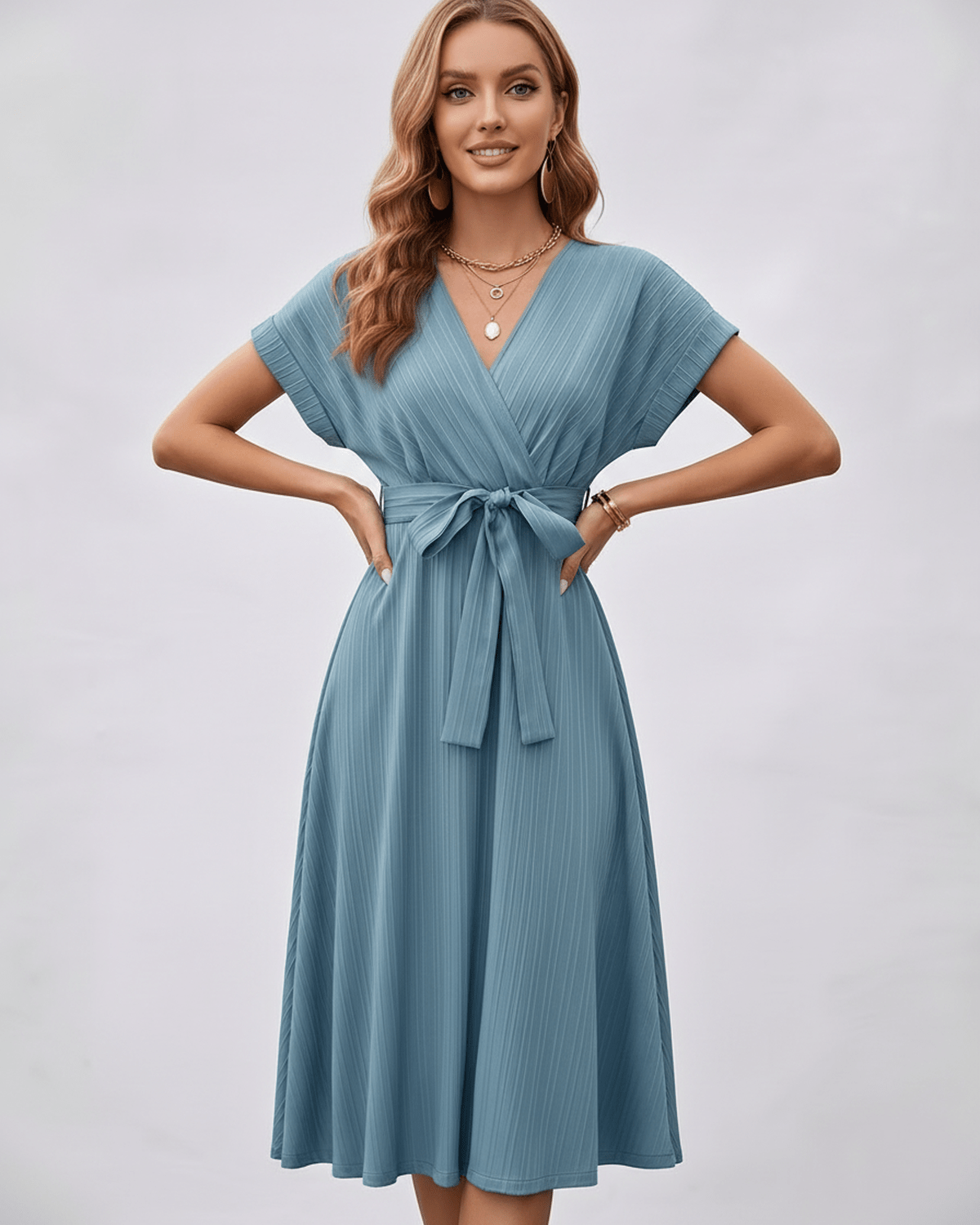 Serene Midi Dress in pleated blue fabric with V-neck and self-tie belt by Lauven, perfect for versatile styling.