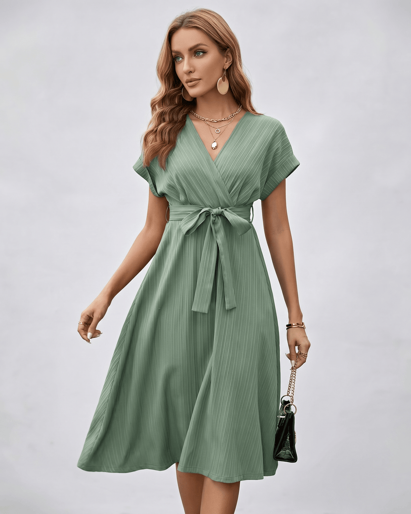 Serene Midi Dress in pleated fabric with V-neck, self-tie belt, and fluid A-line silhouette by Lauven.
