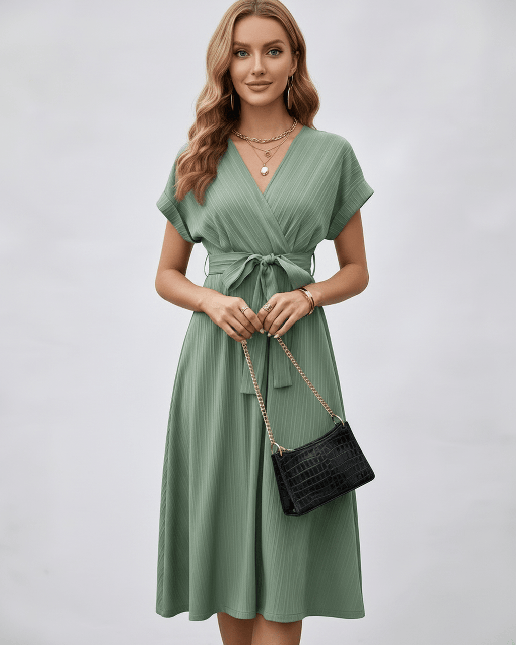 Serene Midi Dress by Lauven, featuring pleated fabric, V-neck, A-line silhouette, and adjustable self-tie belt for modern styling.