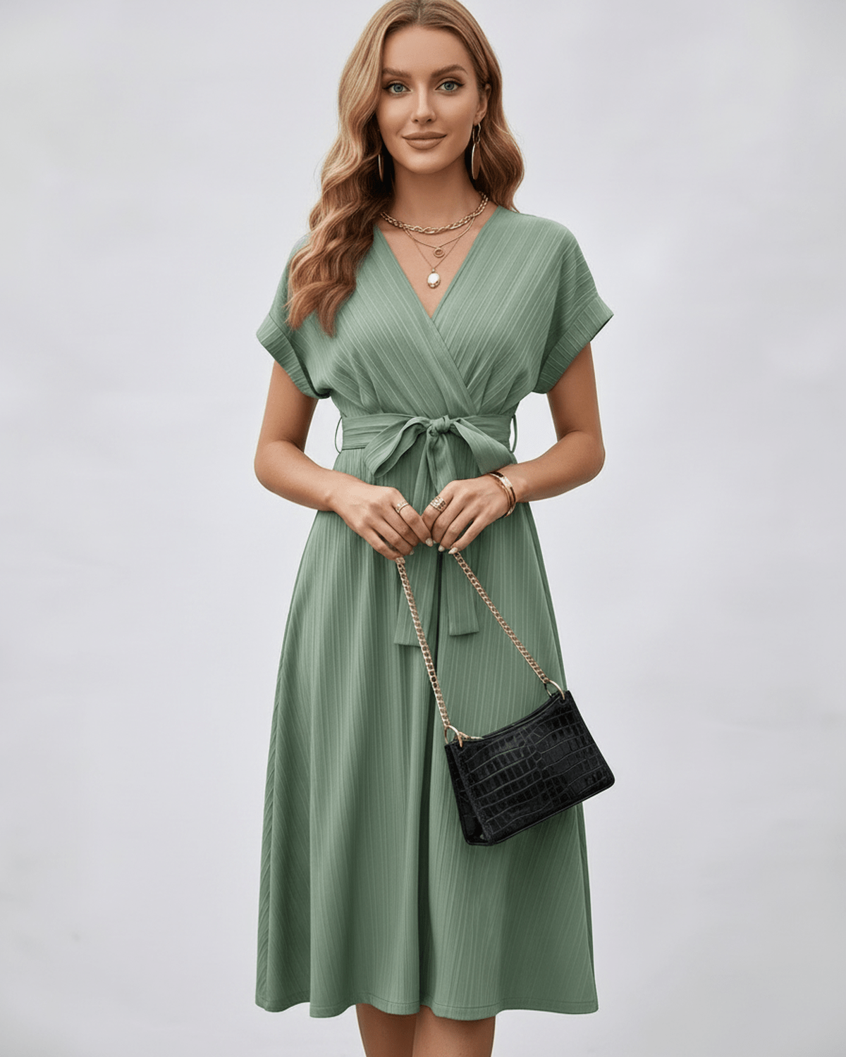 Serene Midi Dress by Lauven, featuring pleated fabric, V-neck, A-line silhouette, and adjustable self-tie belt for modern styling.
