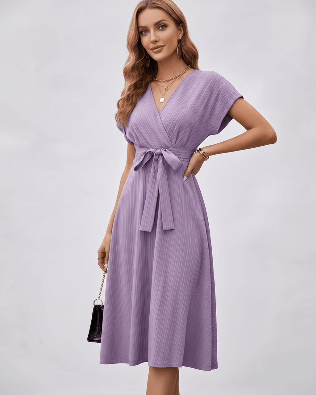Serene Midi Dress in lightweight pleated fabric with V-neck and self-tie belt by Lauven.