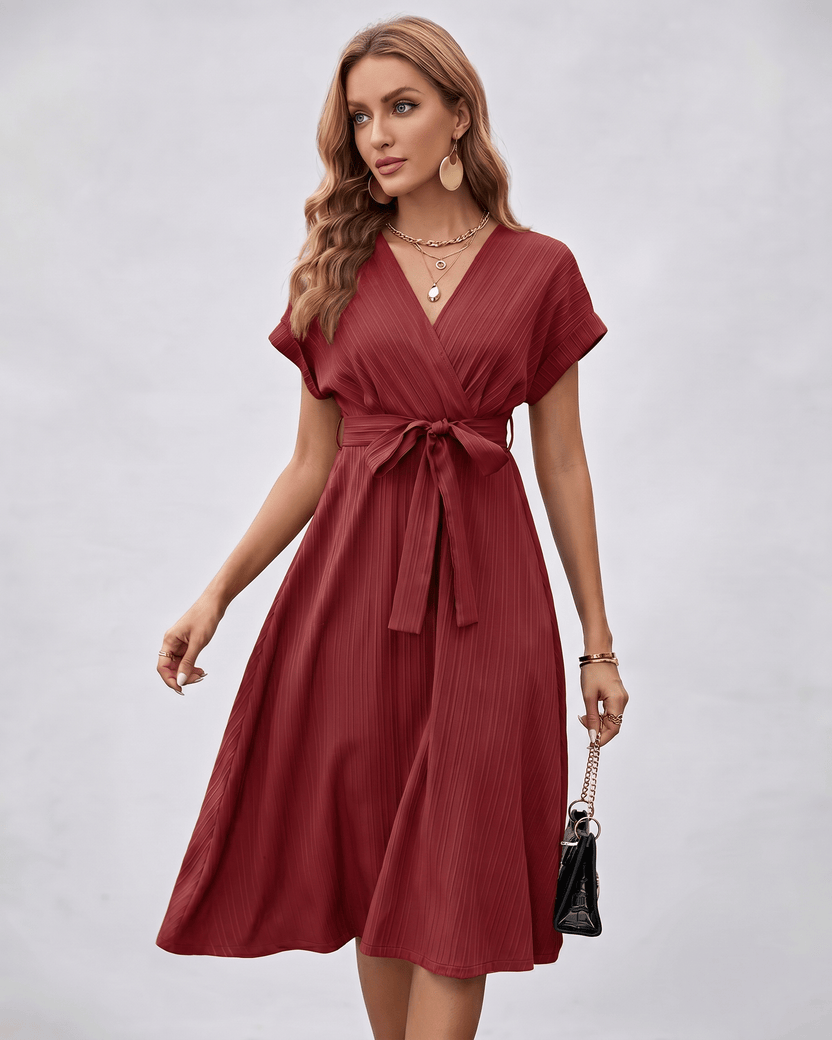 Serene Midi Dress by Lauven, V-neck, pleated fabric, adjustable self-tie belt, perfect for day-to-evening styling.