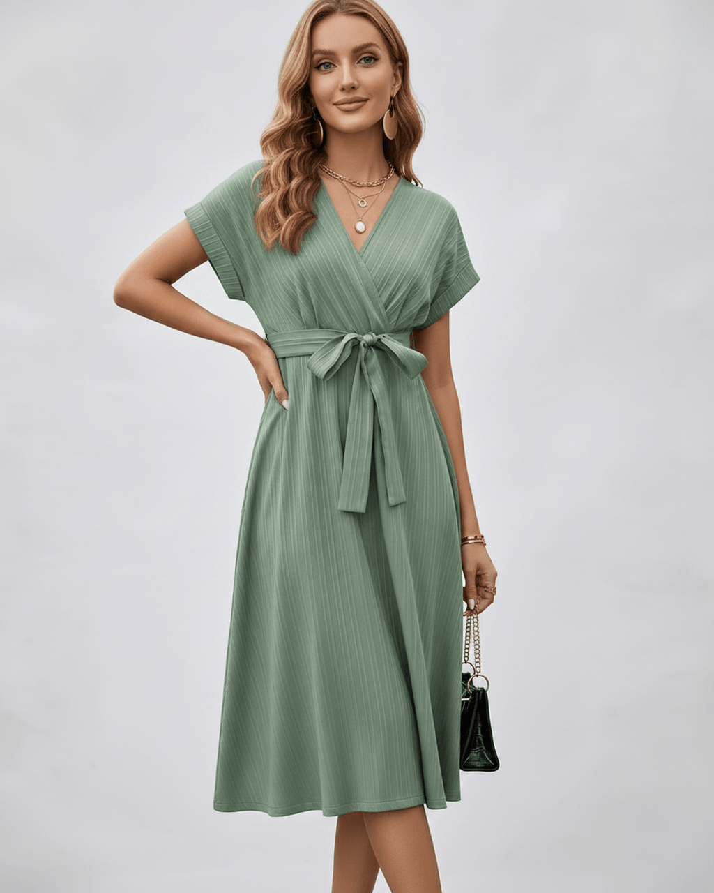 Serene Midi Dress in pleated fabric with V-neck, self-tie belt, and A-line silhouette by Lauven.