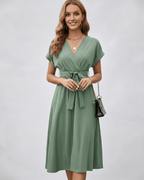 Serene Midi Dress in pleated fabric, V-neck, self-tie belt for adjustable shaping by Lauven for day-to-evening elegance.