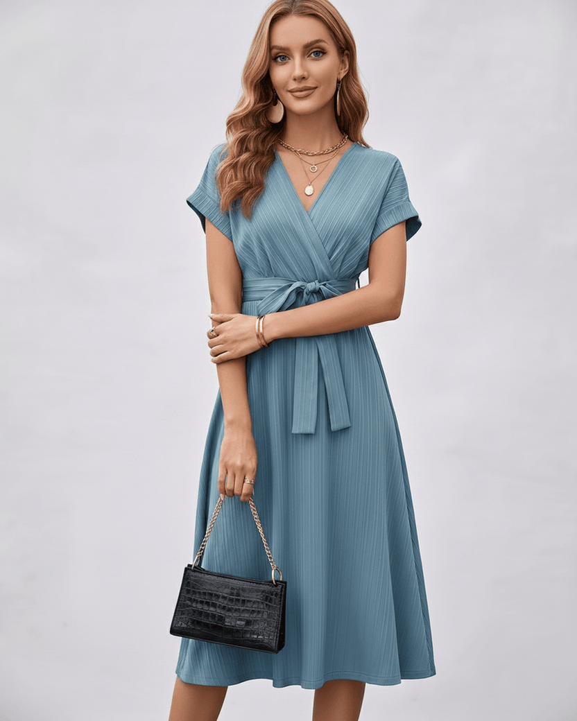 Serene Midi Dress in pleated fabric, V-neck design, A-line silhouette, soft drape by Lauven for versatile styling.