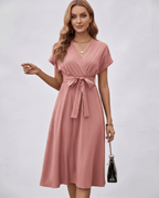 Serene Midi Dress in pleated fabric, V-neck with self-tie belt, perfect for modern wardrobes by Lauven.