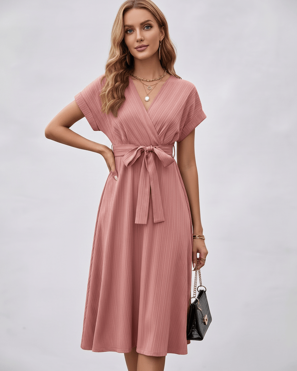 Serene Midi Dress - Lightweight pleated fabric, V-neck, A-line silhouette, versatile styling, from Lauven.