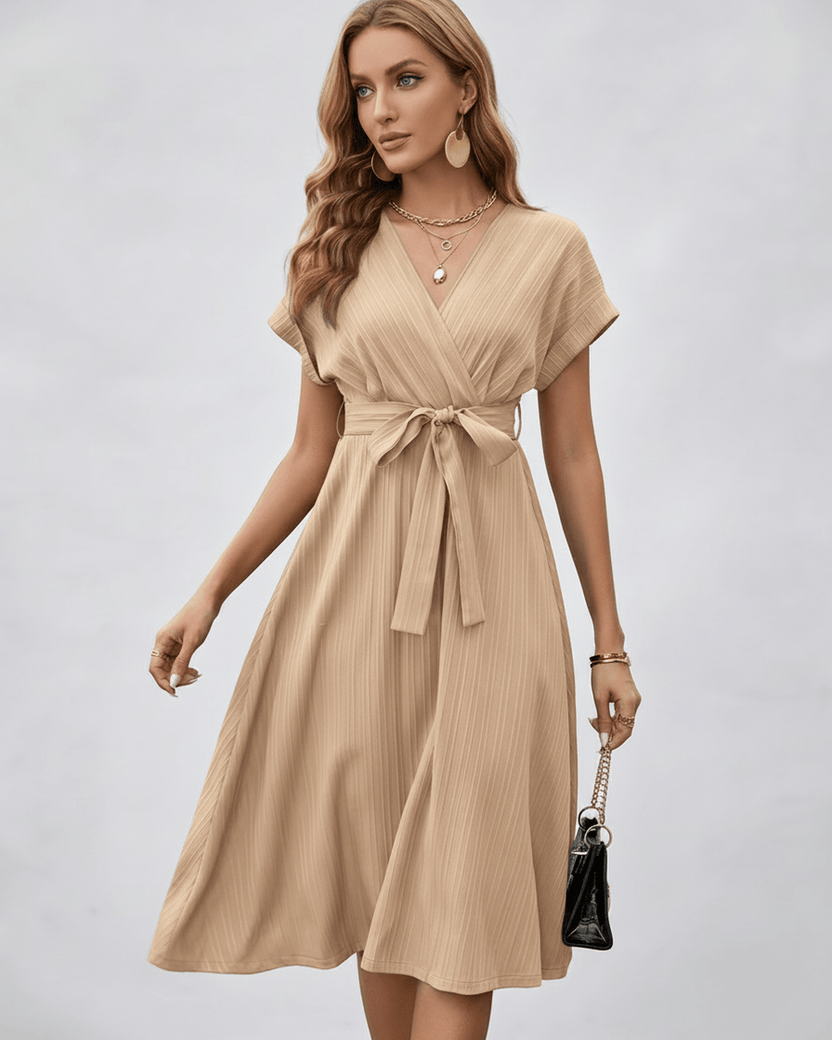Serene Midi Dress by Lauven in pleated fabric, V-neck, A-line silhouette with self-tie belt for adjustable shaping.