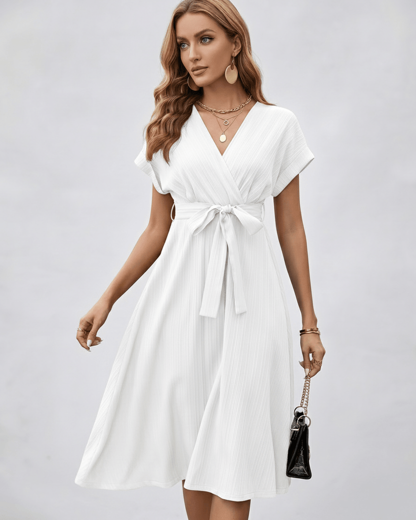 Serene Midi Dress featuring pleated fabric, V-neck, self-tie belt for a refined look by Lauven.