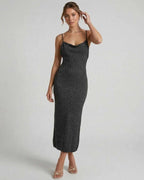 Serenelle Midi Dress by Lauven - Black Shimmer Spaghetti Strap Midi Dress with Elegant Slim Silhouette