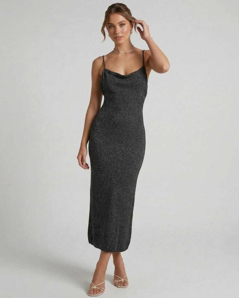 Serenelle Midi Dress by Lauven - Black Shimmer Spaghetti Strap Midi Dress with Elegant Slim Silhouette