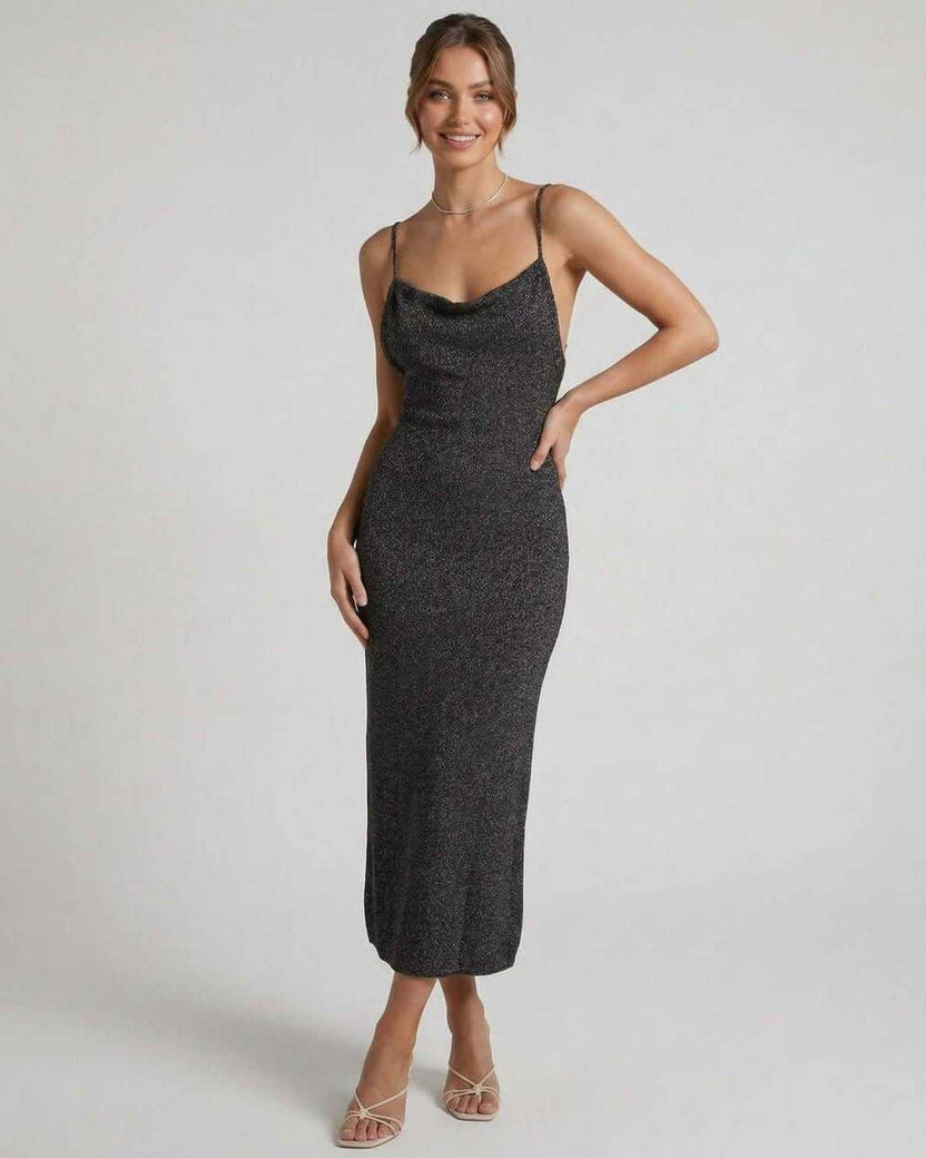 Serenelle Midi Dress by Lauven - Black shimmer spaghetti strap midi dress showcasing a sleek silhouette.