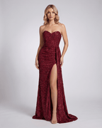 Serenza Maxi Dress in burgundy, strapless, fully embellished, bodycon silhouette, featuring a seductive thigh-high slit.