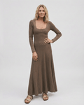 Siena Maxi Dress by Lauven, featuring long sleeves, square neck, and a pleated skirt in brown.