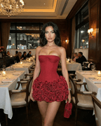Siena Mini Dress by Lauven in rich red with strapless corset silhouette and textured mini skirt, ideal for evening wear.