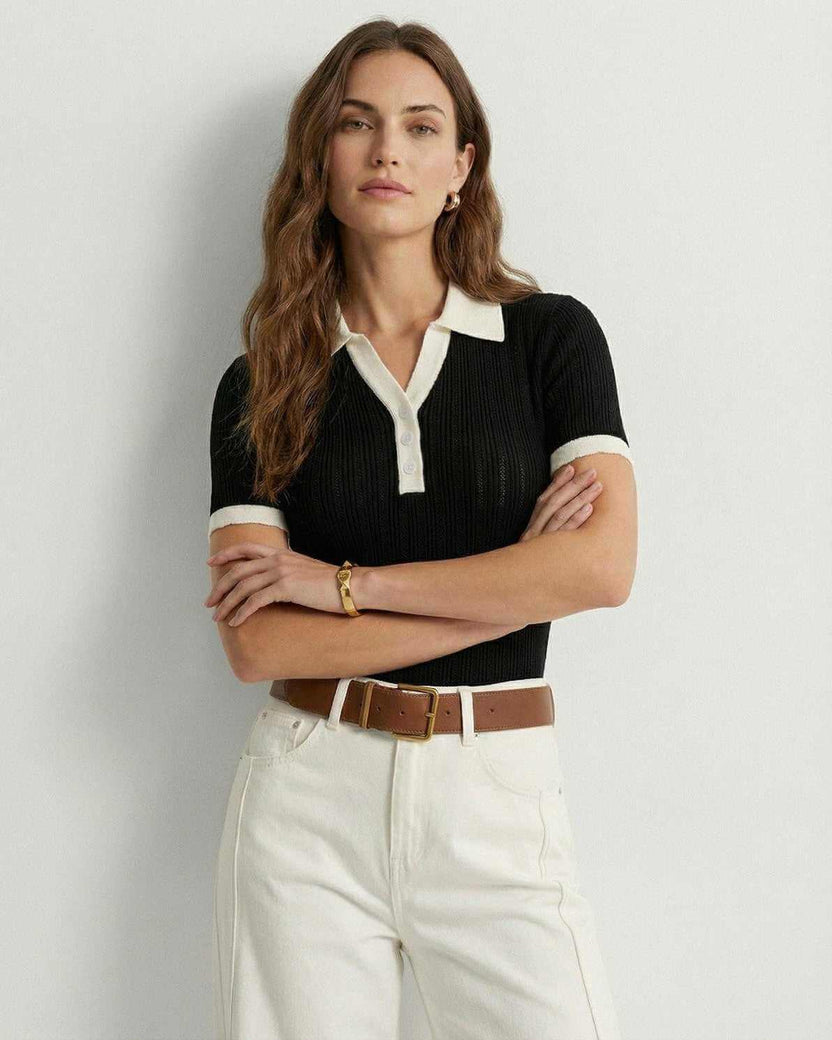 Siena Polo Shirt from Lauven, women’s black polo shirt in soft cotton knit with classic contrast trim.