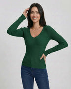 Siena Pullover by Lauven – Women’s V-Neck Slim Fit Sweater in green with long sleeves for a modern look.
