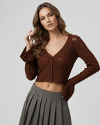 Sienna Cardigan: rich brown cropped cardigan with refined knit detailing, flattering V-neckline, from Lauven.